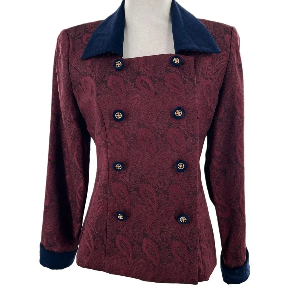 Jessica Howard blazer size 4 burgundy navy velvet paisley double breasted 90s